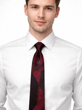 Vintage Bugle Boy Men's Necktie Red Black Slim Geometric 2.75” x 54.5” Long